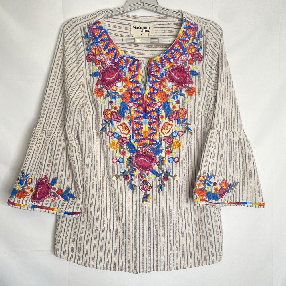 Savanna Jane Womens Embroidered Boho Floral Bell Sleeve Striped Blouse Medium